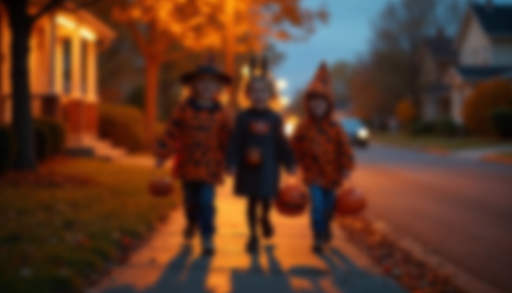 Children trick-or-treating on a neighborhood sidewalk at dusk, representing the risk of Halloween pedestrian accidents.