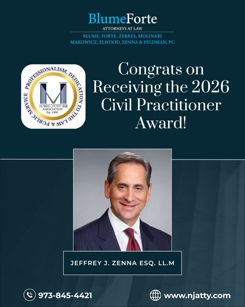 Jeffrey Zenna of Blume Forte Attorneys at Law receiving the 2026 Civil Practice Award from the Morris County Bar Association