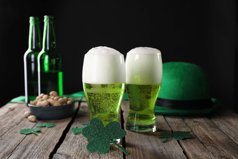 Two green beers with shamrock decorations symbolizing St. Patrick’s Day DUI accident risks in New Jersey
