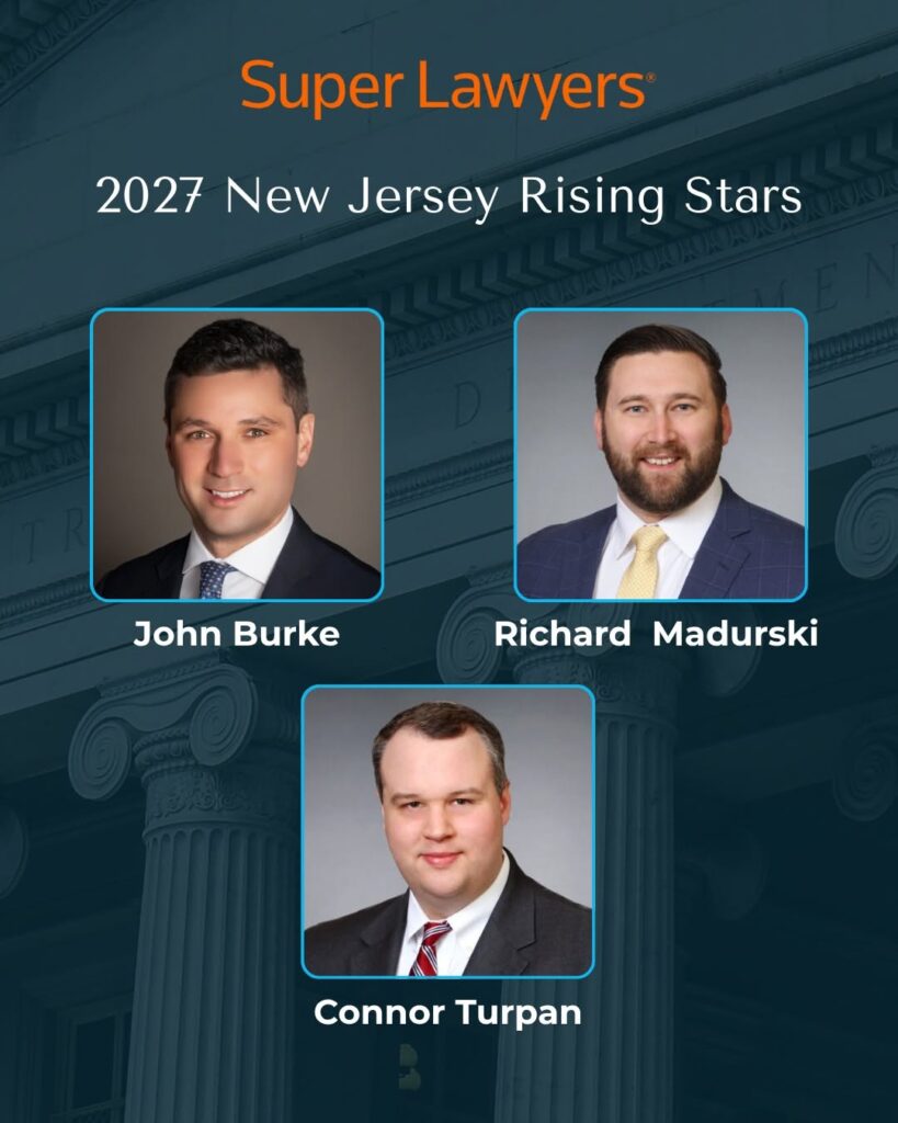 2027 New Jersey Rising Stars graphic featuring Blume Forte attorneys John Burke, Richard Madurski, and Connor Turpan. 